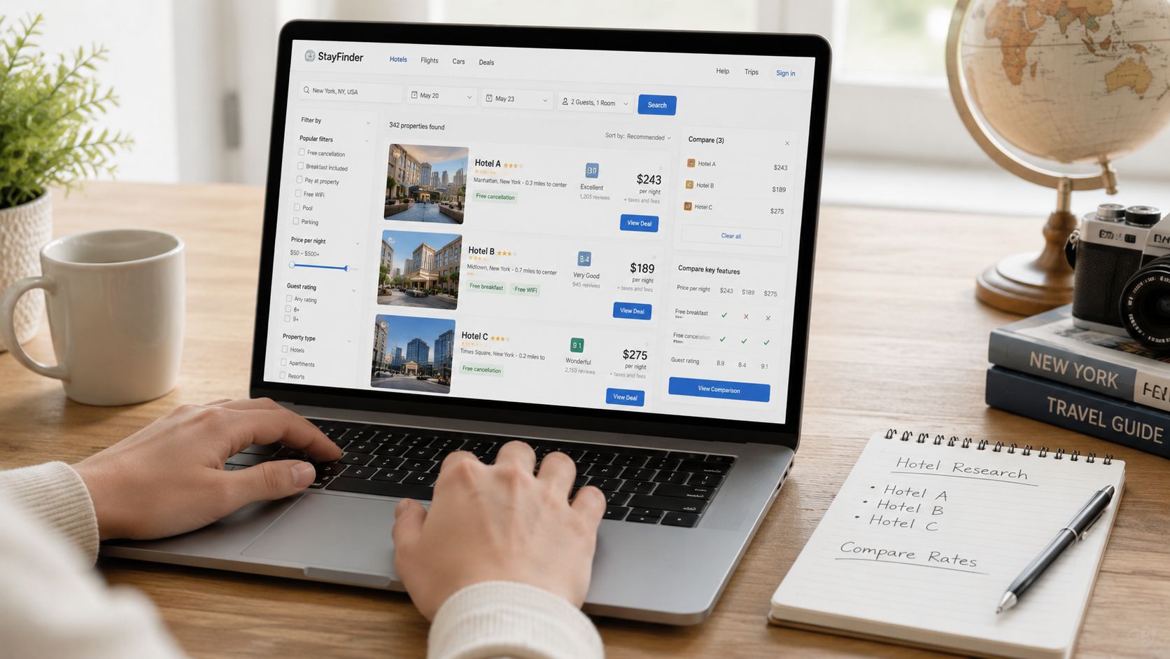 A person using a laptop to compare hotel prices and research accommodation options on a travel website.