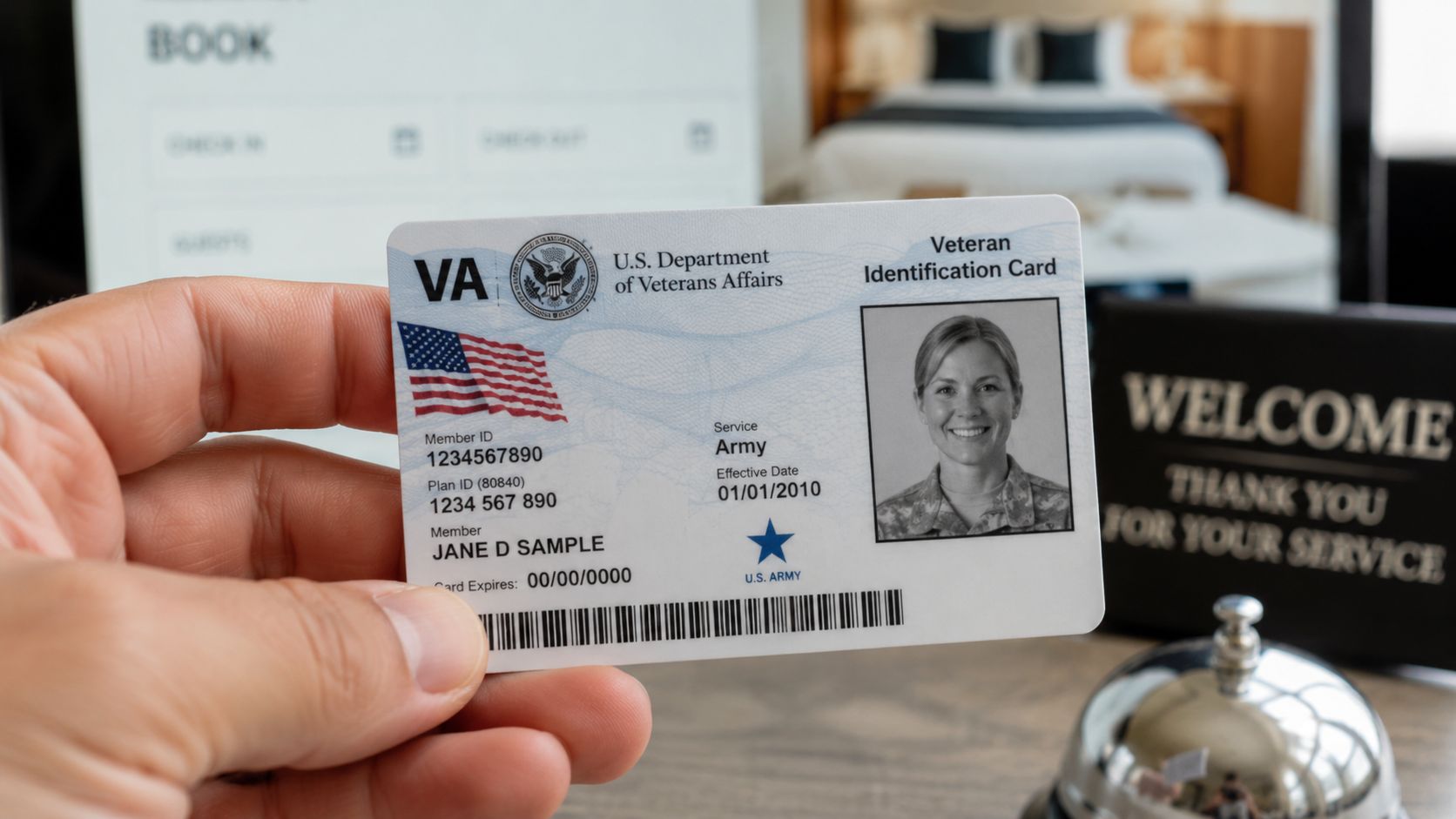A hand holds a U.S. Department of Veterans Affairs identification card at a hotel front desk.