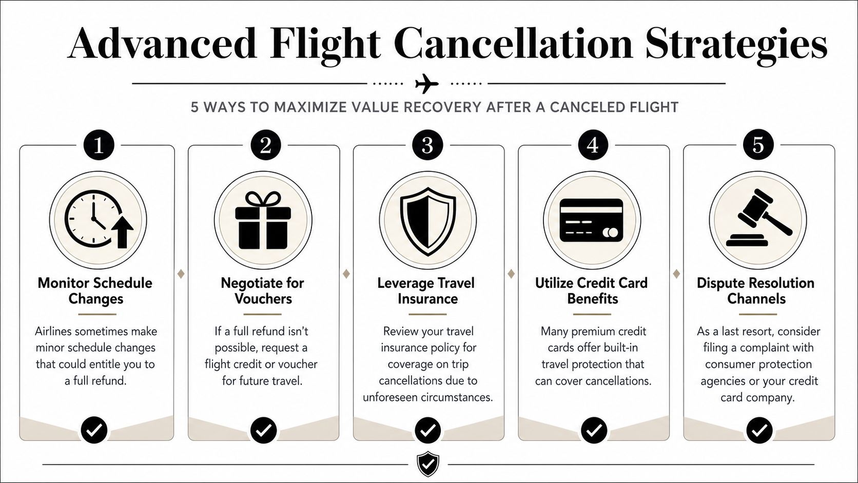 An infographic titled Advanced Flight Cancellation Strategies, outlining five steps to maximize recovery after a canceled flight.