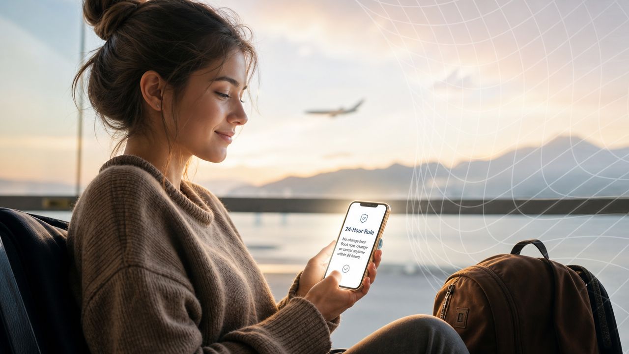 A woman looks at her phone in an airport terminal displaying a flight cancellation policy.