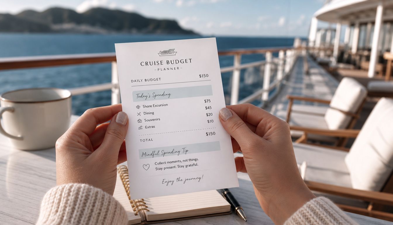 A person holding a printed cruise budget planner on a balcony overlooking the ocean at sunset.