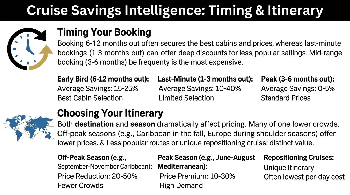 An infographic detailing tips for booking cruises, including optimal timing and itinerary choices to save money.