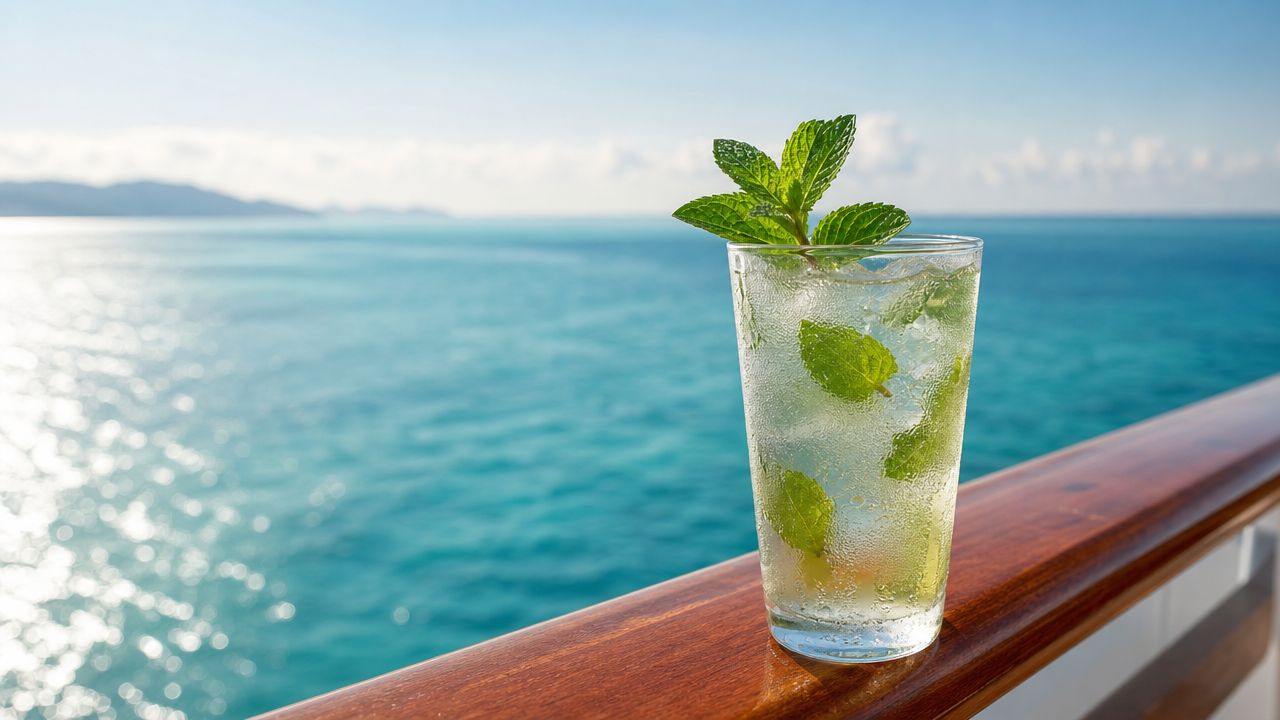 A refreshing mojito cocktail sits on a wooden cruise ship railing overlooking the sparkling blue ocean.